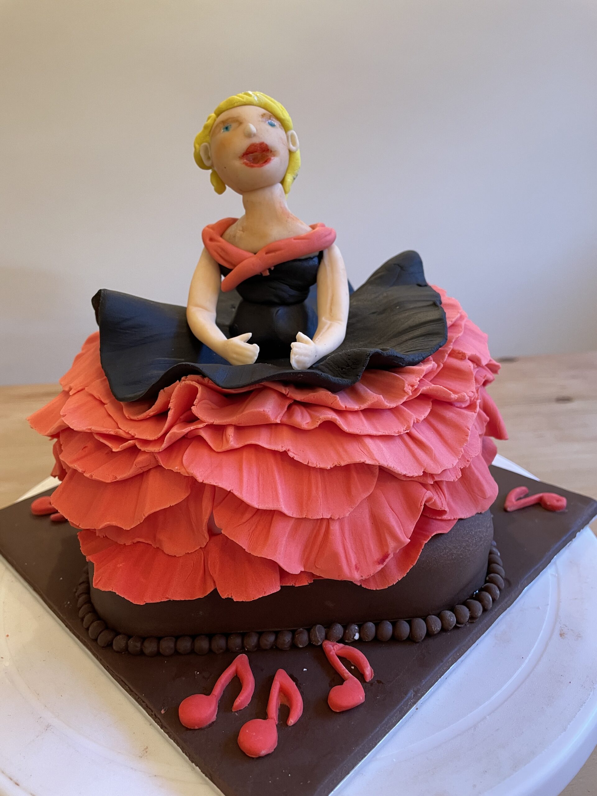 Photo of sponge cake with dancer topper. Choice of fillings and decorated with fondant