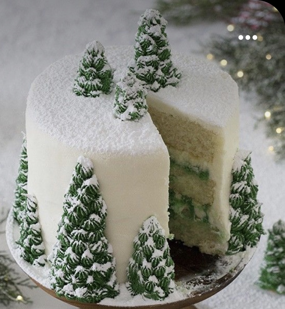 Photo of sponge cake, choice of filling and decorated with winter Christmas tree scene. Can be made as luxury fruit cake if preferred.