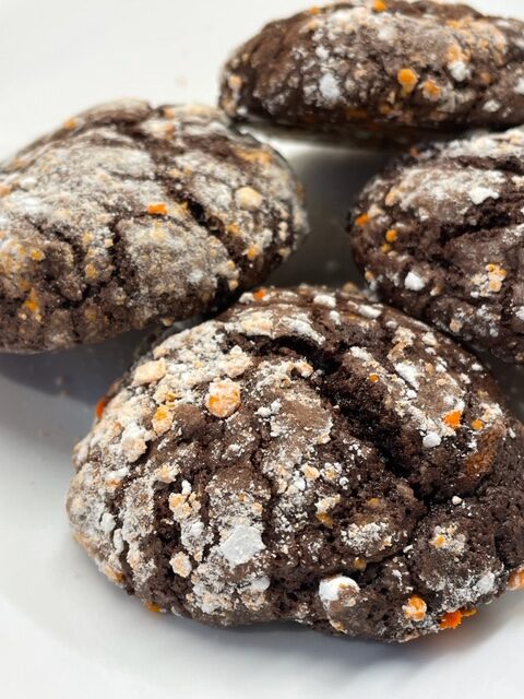 Chocolate orange crinkle biscuits, fudgy texture deliciously chocolatey.